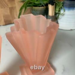 Pair Pink Bagley Frosted Glass Grantham Vases, 4 Catalogue Number 334 1930s