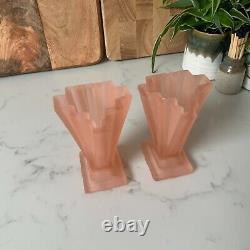 Pair Pink Bagley Frosted Glass Grantham Vases, 4 Catalogue Number 334 1930s