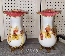 Pair STEVENS & WILLIAMS Glass Vases Pink Cased Matsu-No-Ke Carder design ca 1884