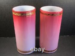 Pair Thomas Webb Pink Cased Glass With Hand Decorated Dragonfly & Flowers Vases