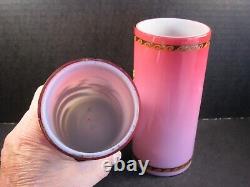 Pair Thomas Webb Pink Cased Glass With Hand Decorated Dragonfly & Flowers Vases