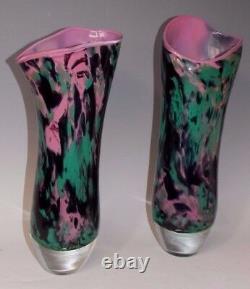 Pair Tim Lazer 1987 Pair Pink Green Black Splash Art Glass Statement Vase 13.5