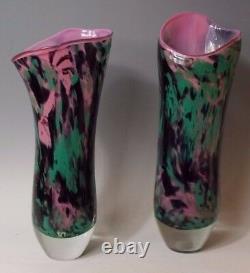 Pair Tim Lazer 1987 Pair Pink Green Black Splash Art Glass Statement Vase 13.5