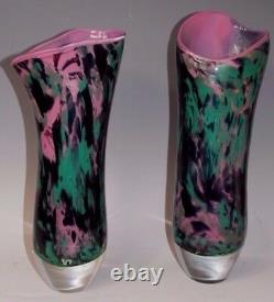 Pair Tim Lazer 1987 Pair Pink Green Black Splash Art Glass Statement Vase 13.5