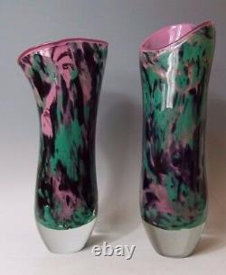 Pair Tim Lazer 1987 Pair Pink Green Black Splash Art Glass Statement Vase 13.5