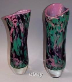 Pair Tim Lazer 1987 Pair Pink Green Black Splash Art Glass Statement Vase 13.5