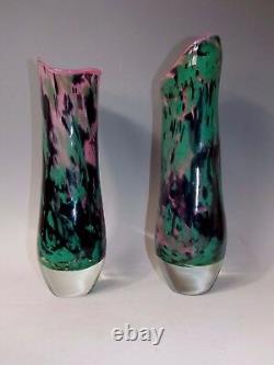 Pair Tim Lazer 1987 Pair Pink Green Black Splash Art Glass Statement Vase 13.5