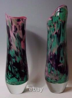 Pair Tim Lazer 1987 Pair Pink Green Black Splash Art Glass Statement Vase 13.5