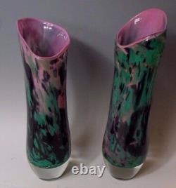 Pair Tim Lazer 1987 Pair Pink Green Black Splash Art Glass Statement Vase 13.5