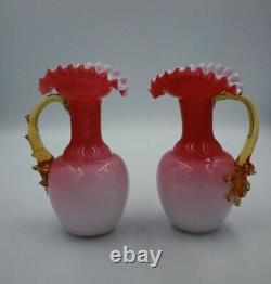 Pair Victorian White/pink cased Ewer Glass Vases with Uranium Glass Handles 6.5