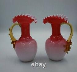 Pair Victorian White/pink cased Ewer Glass Vases with Uranium Glass Handles 6.5