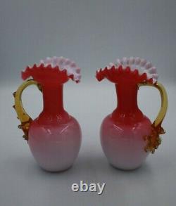 Pair Victorian White/pink cased Ewer Glass Vases with Uranium Glass Handles 6.5