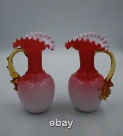 Pair Victorian White/pink cased Ewer Glass Vases with Uranium Glass Handles 6.5