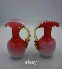 Pair Victorian White/pink cased Ewer Glass Vases with Uranium Glass Handles 6.5