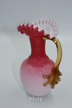 Pair Victorian White/pink cased Ewer Glass Vases with Uranium Glass Handles 6.5