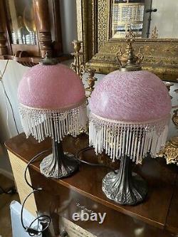 Pair Vintage Art Deco Tiffany Style Beaded Fringe Table Lamp Frosted Glass