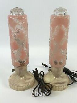 Pair Vintage Electrolite Art Deco Glass Cylinder Pink Boudoir Bedroom Lamps