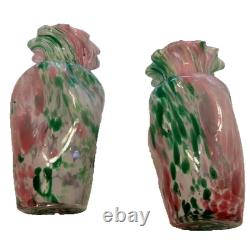 Pair Vintage Hand Blown Spatter Art Glass Vases Pink Green Ruffled Rim 7.5