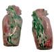 Pair Vintage Hand Blown Spatter Art Glass Vases Pink Green Ruffled Rim 7.5
