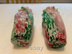 Pair Vintage Hand Blown Spatter Art Glass Vases Pink Green Ruffled Rim 7.5