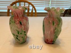 Pair Vintage Hand Blown Spatter Art Glass Vases Pink Green Ruffled Rim 7.5