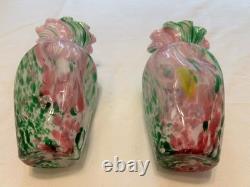 Pair Vintage Hand Blown Spatter Art Glass Vases Pink Green Ruffled Rim 7.5