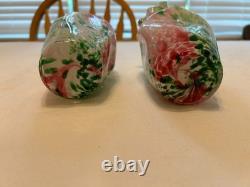 Pair Vintage Hand Blown Spatter Art Glass Vases Pink Green Ruffled Rim 7.5