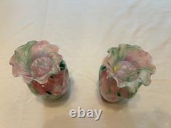 Pair Vintage Hand Blown Spatter Art Glass Vases Pink Green Ruffled Rim 7.5