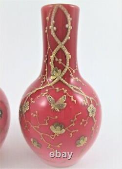Pair antique WEBB art glass PEACHBLOW VASES GOLD Prunus & Butterflies c1885
