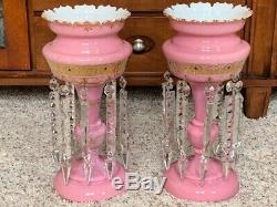 Pair of Antique Pink Cased Glass Mantle Lusters