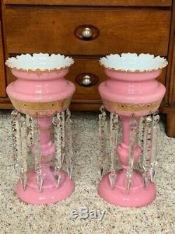 Pair of Antique Pink Cased Glass Mantle Lusters