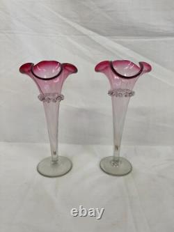 Pair of Antique Victorian Cranberry Frill Fluted Vases 21cm Vintage Charity