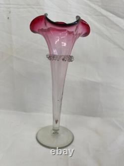 Pair of Antique Victorian Cranberry Frill Fluted Vases 21cm Vintage Charity
