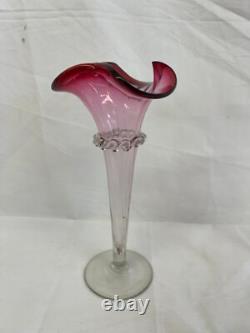 Pair of Antique Victorian Cranberry Frill Fluted Vases 21cm Vintage Charity