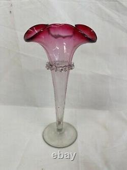 Pair of Antique Victorian Cranberry Frill Fluted Vases 21cm Vintage Charity