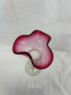 Pair of Antique Victorian Cranberry Frill Fluted Vases 21cm Vintage Charity