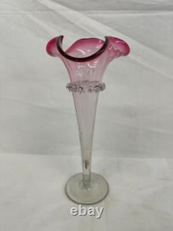 Pair of Antique Victorian Cranberry Frill Fluted Vases 21cm Vintage Charity