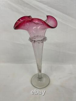 Pair of Antique Victorian Cranberry Frill Fluted Vases 21cm Vintage Charity