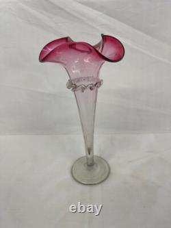 Pair of Antique Victorian Cranberry Frill Fluted Vases 21cm Vintage Charity