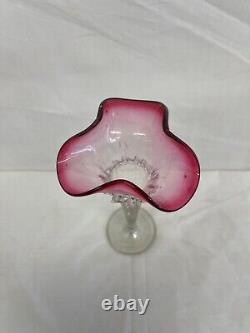 Pair of Antique Victorian Cranberry Frill Fluted Vases 21cm Vintage Charity