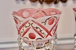 Pair of Bohemian Czech Overlay Cut to pink Glass Mantle Lusters