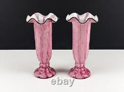 Pair of Large Franz Welz Pink & White Vertical Stripe Glass Vases With Black Rim