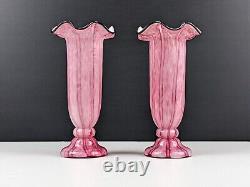 Pair of Large Franz Welz Pink & White Vertical Stripe Glass Vases With Black Rim