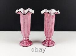 Pair of Large Franz Welz Pink & White Vertical Stripe Glass Vases With Black Rim