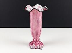 Pair of Large Franz Welz Pink & White Vertical Stripe Glass Vases With Black Rim