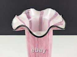 Pair of Large Franz Welz Pink & White Vertical Stripe Glass Vases With Black Rim