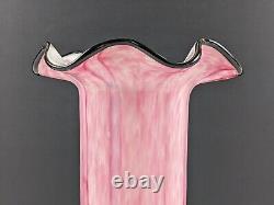 Pair of Large Franz Welz Pink & White Vertical Stripe Glass Vases With Black Rim