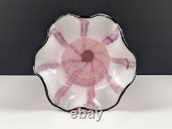 Pair of Large Franz Welz Pink & White Vertical Stripe Glass Vases With Black Rim