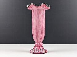Pair of Large Franz Welz Pink & White Vertical Stripe Glass Vases With Black Rim