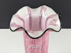 Pair of Large Franz Welz Pink & White Vertical Stripe Glass Vases With Black Rim